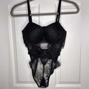 Victoria's Secret Push-Up Black Lace Thong Bodysuit